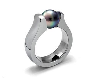 MAREA Domed high mounting ring with tension set black pearl in stainless steel