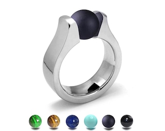 MAREA Flat and rounded high mounting ring with tension set semiprecious sphere in stainless steel