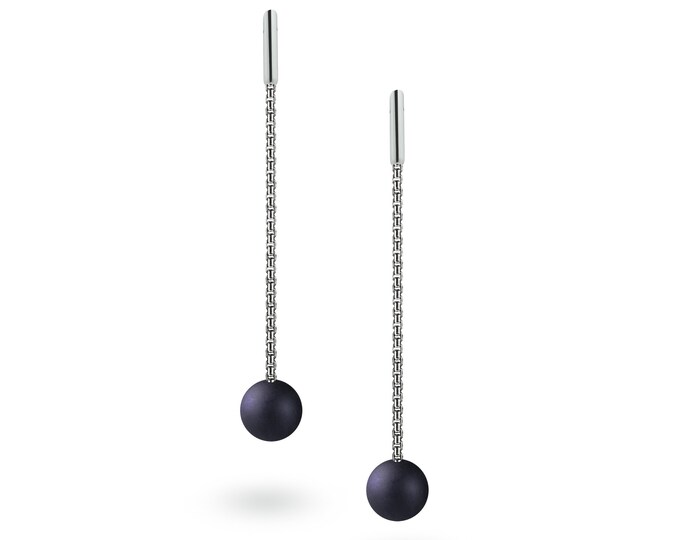Long Box chain drop dangling earrings with Obsidian spheres in stainless steel by Taormina Jewelry
