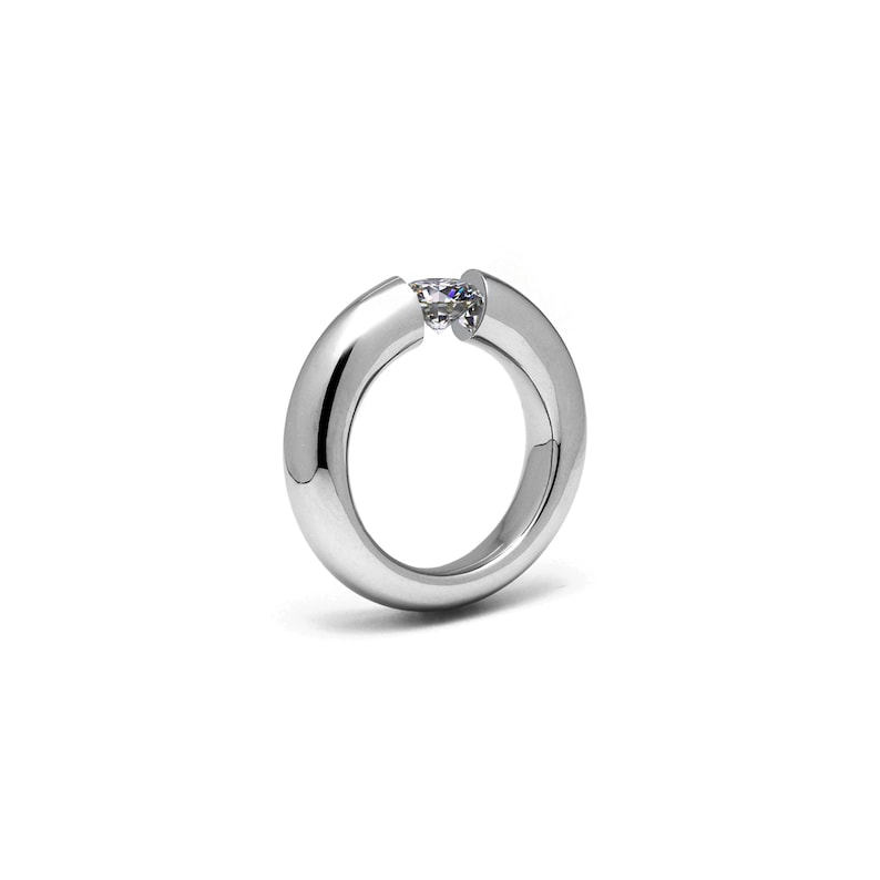 LUNA tapered rounded ring with tension set white sapphire in stainless steel by Taormina Jewelry image 2