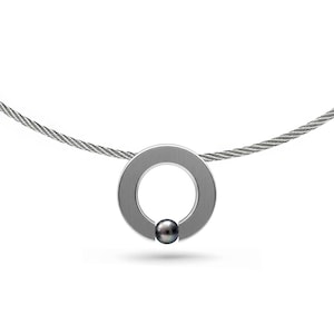 Tension Set Flat O-Ring Black Pearl Pendant Necklace | Modern Wire Twisted Rope Choker | Abbracci