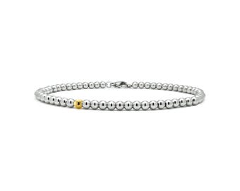 Stainless Steel 3mm Beaded Bracelet | Gold Bead Accent | Minimalist Designer Jewelry