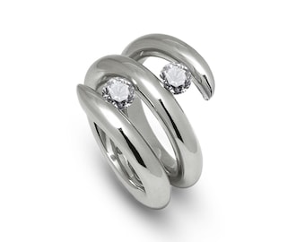 ONDE Double Bypass Ring | Tension Set White Sapphires | Architectural Luxury