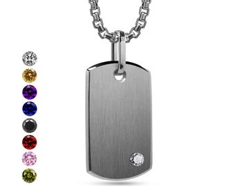 Tag pendant with sigle gemstones in Stainless Steel