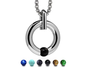 LUNA round tubular pendant with tension set semiprecious sphere in stainless steel