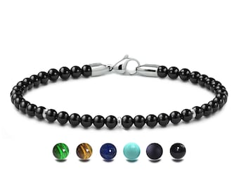 DELICATE spiritual 4mm Black Onyx beads bracelet with elements in stainless steel