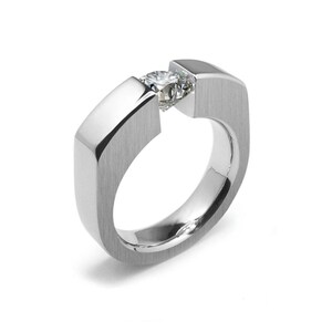Tension Set White Sapphire Ring | Two-Tone Stainless Steel Flat | Brushed & Polished Tempio Design