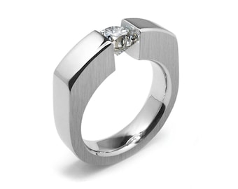 Tension Set White Sapphire Ring | Two-Tone Stainless Steel Flat | Brushed & Polished Tempio Design