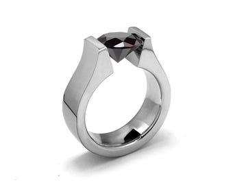 PETRA Flat and rounded high mounting ring with tension set Black Diamond in stainless steel