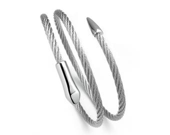 Industrial Wire Twisted Rope Coil Bracelet | Stainless Steel Double Wrap Bangle | Snake Design