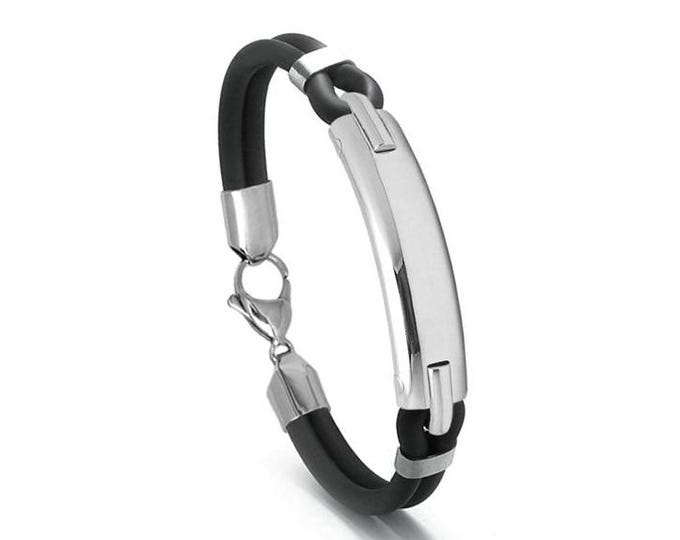 Featured listing image: Black Rubber Bracelet | Floating Stainless Steel Bar | Minimalist & Flexible Men's Design