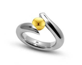 ONDE Swirl Bypass ring with tension set gold sphere in stainless steel