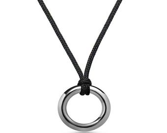 Oval tubular pendant on textile cord necklace in stainless steel