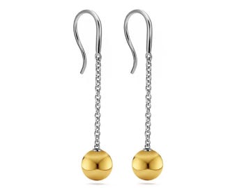 Gold Sphere Drop Earrings | Stainless Steel Dainty Chain Dangle Design | Custom Length Available