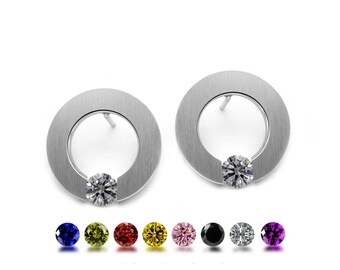 ABBRACCI tension set round flat stud earrings with tension set gemstones in stainless steel
