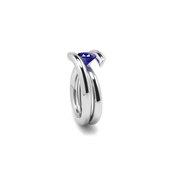 SOLD Blue Sapphire Tension Setting Ring, Stainless Steel Ring