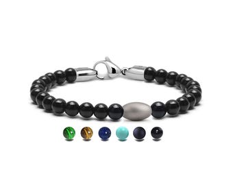 Gemstone Beaded Bracelet 6mm | Olive Bar Station & Signature Clasp | Stainless Steel Designer Jewelry