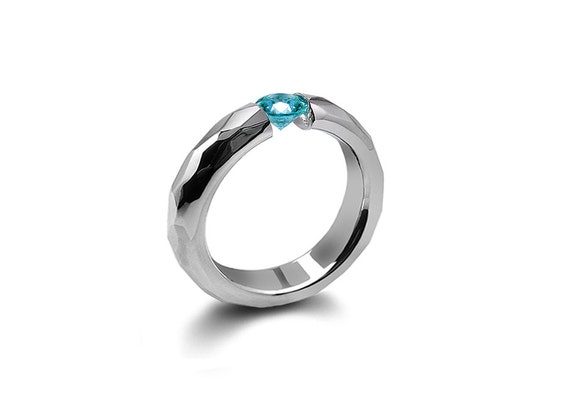 Blue Topaz Tension Mens Ring Hammered Stainless Steel Mounting | Etsy