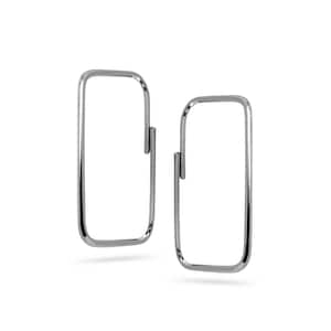 May include: A pair of silver hoop earrings with a rectangular shape.