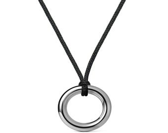 Tubular Oval Pendant | Minimalist Stainless Steel on Black Cord | Polished & Brushed Jewelry