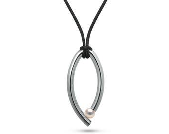 OVUM oval tubular pendant with cord and tension set white pearl in stainless steel