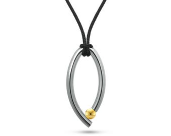 OVUM oval tubular vertical pendant with cord and tension set gold sphere in stainless steel
