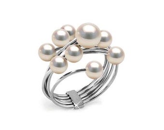 FILO multi wire ring with white pearls cluster in stainless steel