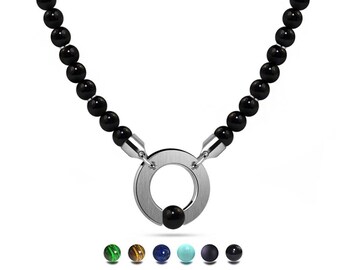 ABBRACCI beads necklace with stainless steel round flat center element and tension set semiprecious sphere