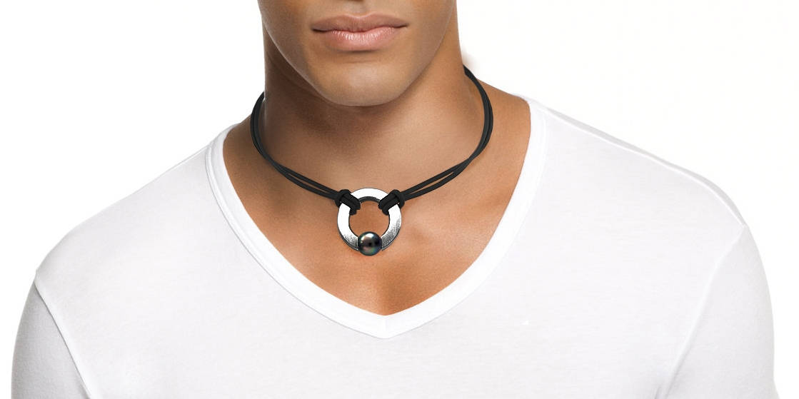 Black Pearl Mens Stainless Steel Necklace by Taormina Jewelry