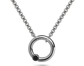 O-Ring Tension Set Asymmetrical Pendant | Stainless Steel Box Chain & Black Diamond | Luna Design