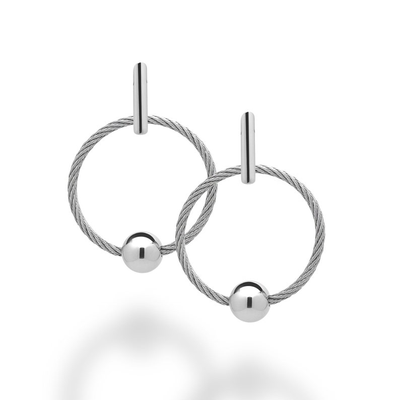 Circle Cable drop earrings with sphere in stainless steel by image 1