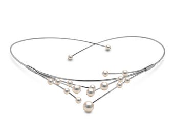 FILO multiple wire choker necklace with mixed sizes white cultured pearls in stainless steel