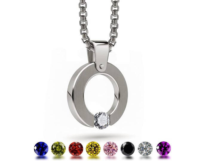 Featured listing image: Flat O-Ring Tension Set Pendant | Minimalist Stainless Steel & Custom Gemstone Necklace | Abbracci Design