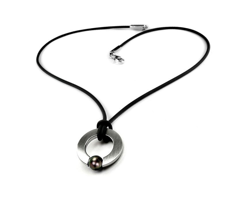 Mens Modern Black Pearl Pendant in Stainless Steel