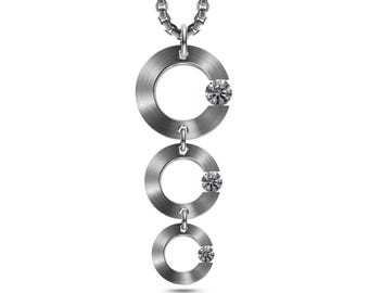 ABBRACCI Triple flat circle pendant with tension set white sapphires in stainless steel