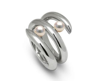 ONDE Double Bypass Ring | Tension Set White Pearls | Architectural Luxury