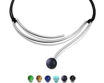 CURVE contemporary snake shaped stainless steel rod necklace with semiprecious sphere
