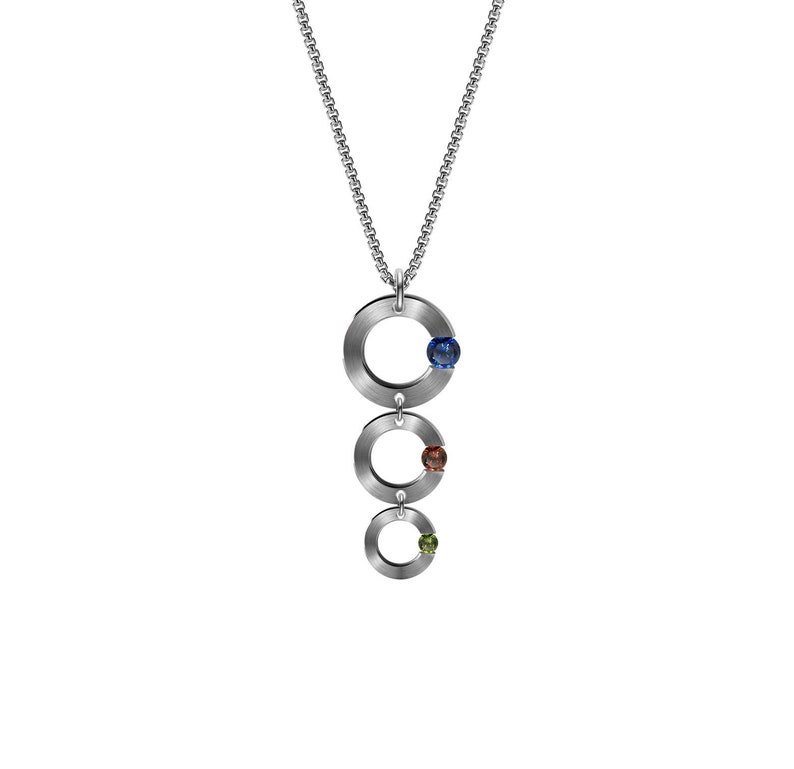 ABBRACCI Triple round flat pendant with offside tension set colored gemstones in stainless steel by Taormina Jewelry Chain