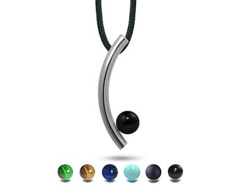 CURVE tubular curved vertical pendant with semiprecious sphere in stainless steel