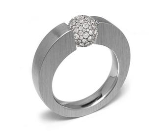 Tension Set White Sapphire Pavé Station Ring | Stainless Steel Tapered | Abbracci Design