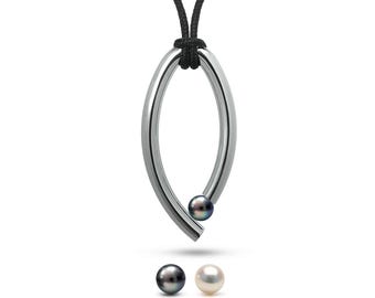OVUM Oval Pendant | Tension Set Pearl | Cord & Stainless Steel Design