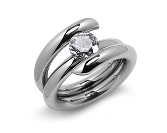ILIANA High rise setting tubular bypass ring with tension set White Sapphire in stainless steel