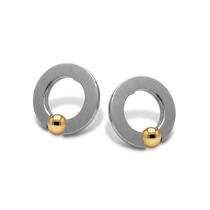 Tension Set O-Ring Stud Earrings | Flat Brushed Stainless Steel & Gold Accent Sphere | Abbracci