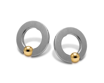 Tension Set O-Ring Stud Earrings | Flat Brushed Stainless Steel & Gold Accent Sphere | Abbracci