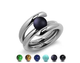 ILIANA High rise setting tubular bypass ring with tension set semiprecious sphere in stainless steel