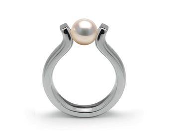 LYRE High setting ring with tension set white pearl in stainless steel