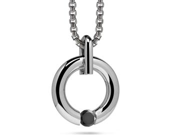LUNA round tubular pendant with tension set black diamond in stainless steel