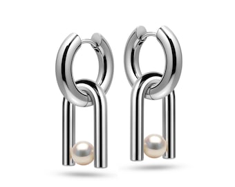 Tension Set Chandelier White Pearl Earrings | High-End Interchangeable Artisan Stainless Steel | NEXUS Design by Taormina