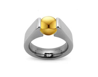 AMORE High rise ring with tension set Gold sphere in stainless steel by Taormina Jewelry