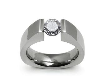 Tension Set White Sapphire Ring | Triangular High-Set Stainless Steel | Modern Pyramid Design